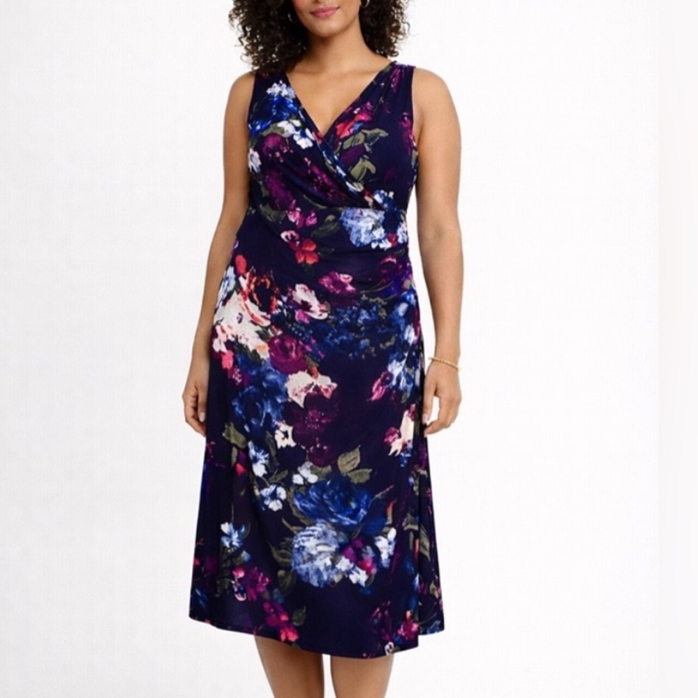Ralph Lauren Navy Floral Faux Wrap Midi Dress Size 10 Wedding Guest Cocktail